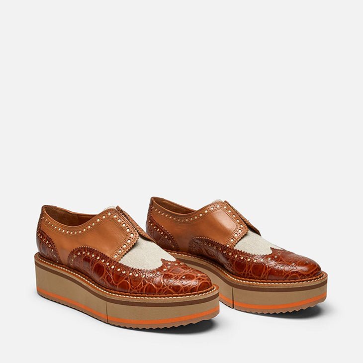 DERBIES - BECKA, brown croco and beige linen || OUTLET - Clergerie Paris - USA