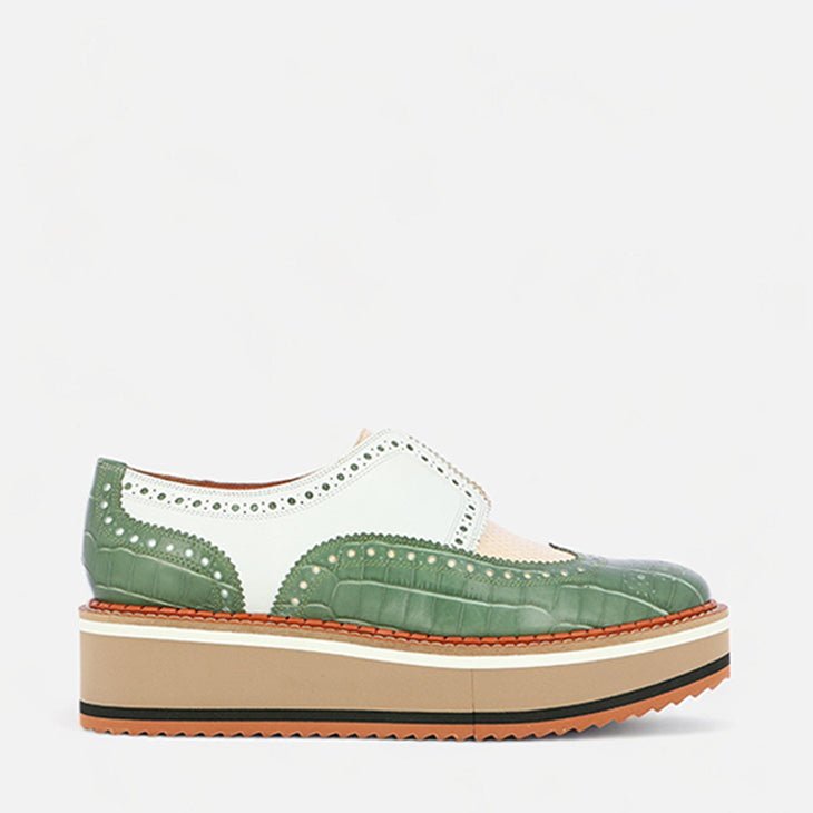 DERBIES - BECKA, crocodile effect green - Clergerie Paris - USA