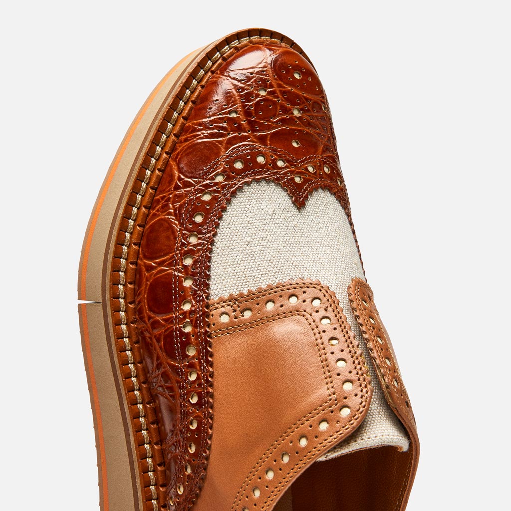 DERBIES - BECKA derbies, brown croco calfskin and beige linen || OUTLET - BECKALLONMXCM340 - Clergerie Paris - USA