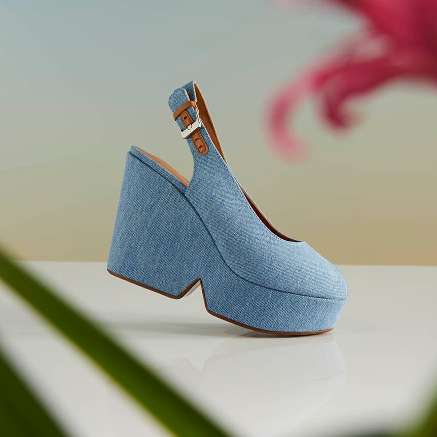 Blue denim wedge shoes deals