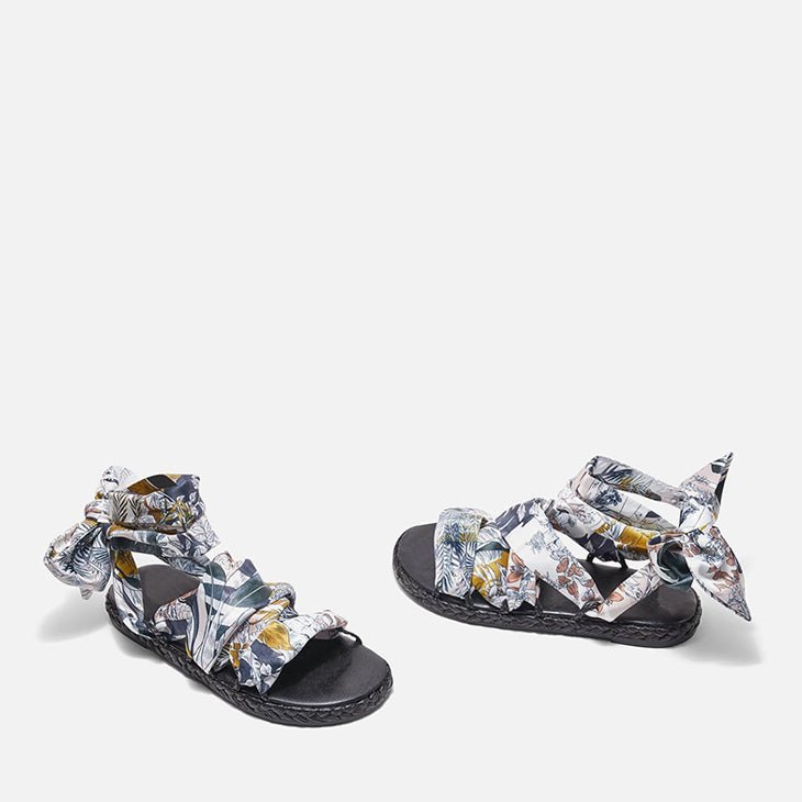 SANDALS - ISABELA, raffia black &amp; printed scarf || OUTLET - Clergerie Paris - USA