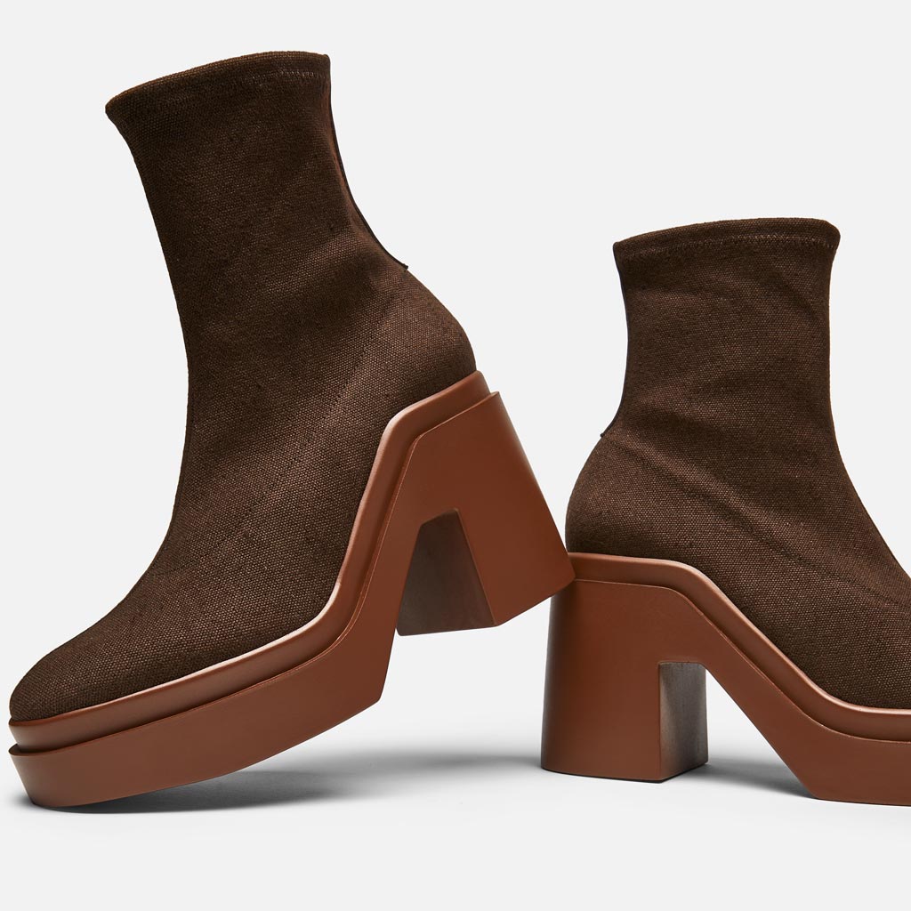 Nina Ankle Boots, Coconut Brown Stretch Linen